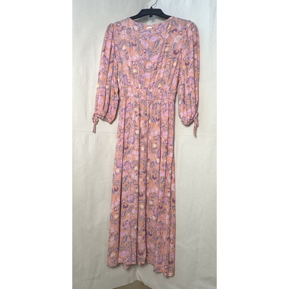 Billabong Paradise Sky Babydoll Midi Dress Peach Pink Floral M Boho Peasant Chic - Picture 5 of 11